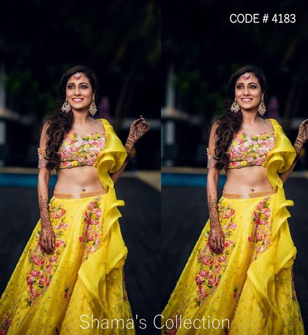 4183 Yellow Lengha With Ruffle Dupatta