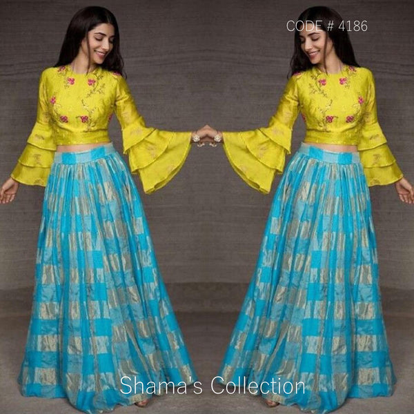 4186 Blue Yellow Bell Sleeves Pleated Lengha