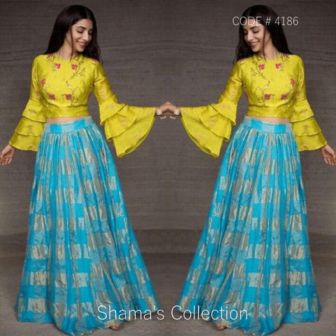 4186 Blue Yellow Bell Sleeves Pleated Lengha