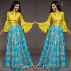 4186 Blue Yellow Bell Sleeves Pleated Lengha outfit set