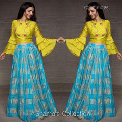 4186 Blue Yellow Bell Sleeves Pleated Lengha