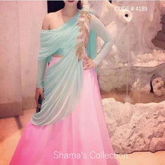 4189 Pink And Blue one Shoulder Drape lengha