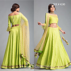 4190 Off Shoulder Parrot Green Lengha