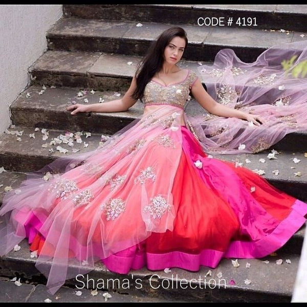 4191 Anushree Reddy Inspired Pink Red Lacha - Anarkali Lengha