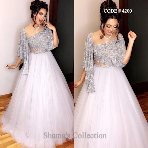 4200 Silver Drape Blouse And White Lehenga