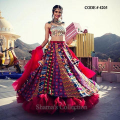 4205 Mirror Work Blouse And Colorful Lehenga With Ruffle Dupatta