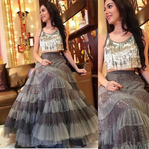 4184 Grey Fringe and Ruffle Lengha