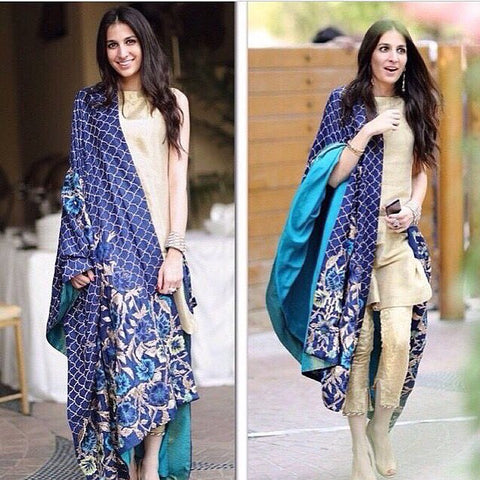 6059 Peacock Inspired Blue Dupatta with Beige Kurta and Pants
