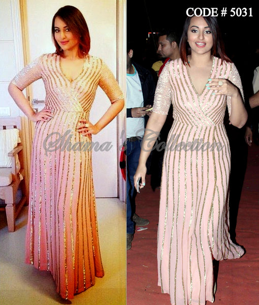 5031 Sonakshi Sinha's peach sequin gown