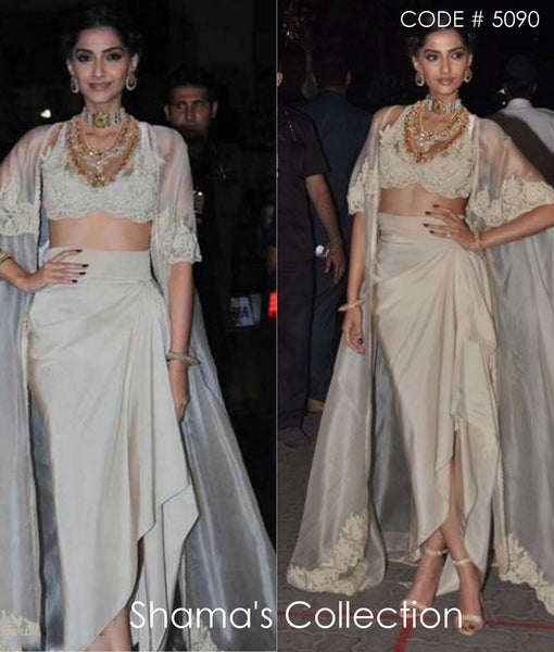 5090 Sonam Kapoor's Ivory Drape Skirt Blouse Kaftan Jacket