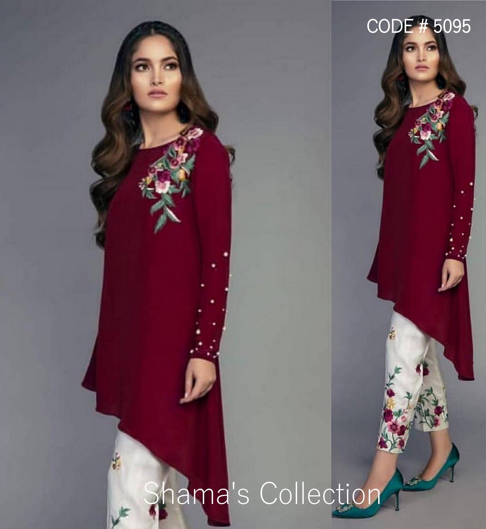 Chandheri flared kurti with overlapping gathered sleeves and tulip pants