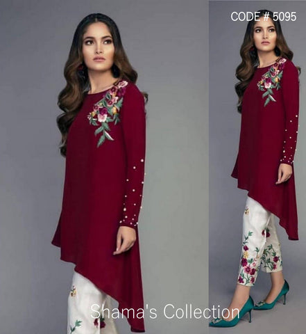 5095 Wine Kurti With White Pants