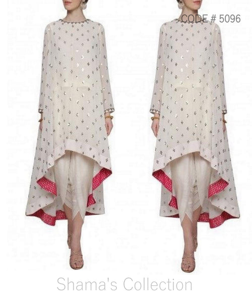 5096 White High Low Kurta and Dhoti Set