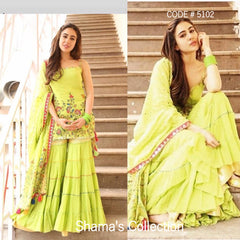 5102 Sara Ali Khan's Parrot Green Sharara With Multicolor Work
