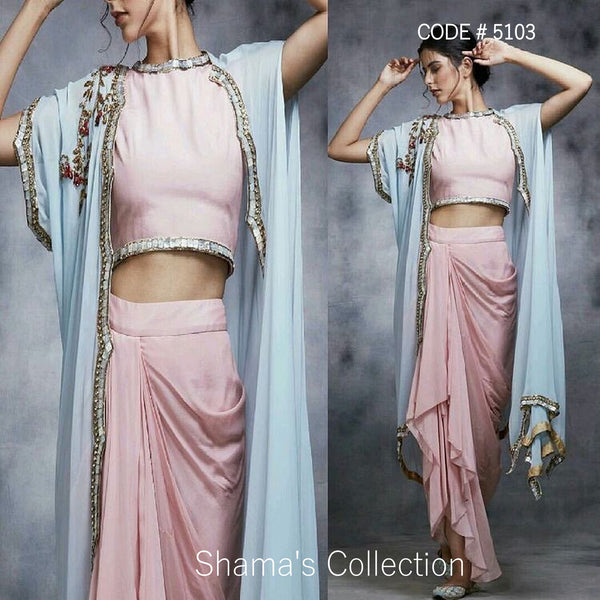 5103 Muted Pink And Blue Drape Skirt, Croptop and Cape