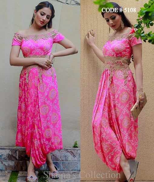 5108 Pink Bandhani Off Shoulder Dhoti Gown