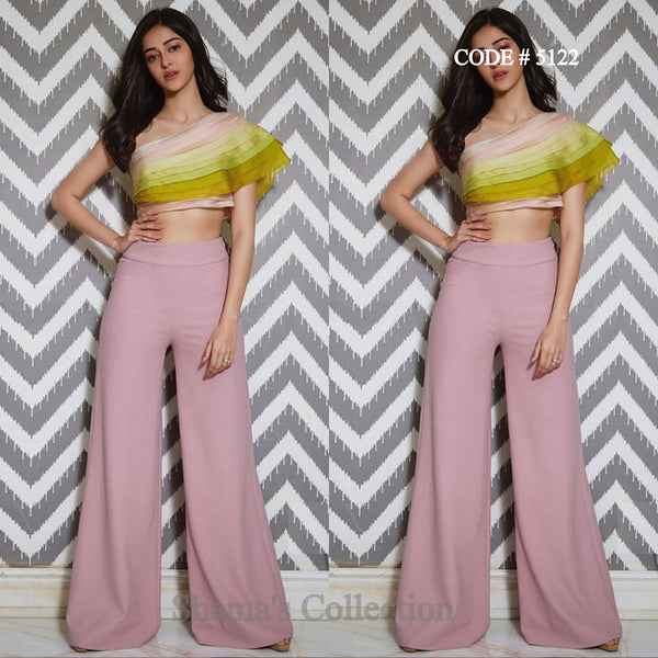 5122 Ananya Pandey's One Shoulder Ruffle Top In Candy Colors With Blush Pink Palazzo