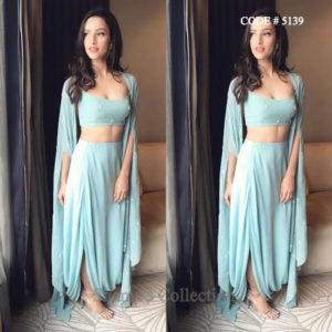 5139 Sky Blue Indowestern Three Piece (Top, Drape Skirt And Cape)