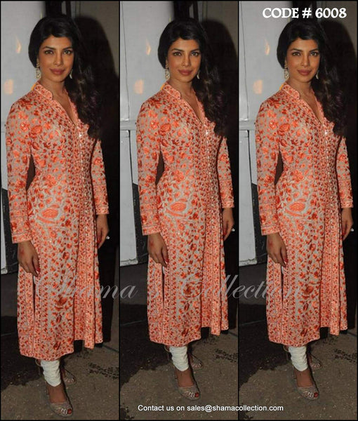 6008 Priyanka Chopra's white-orange straight fit dress