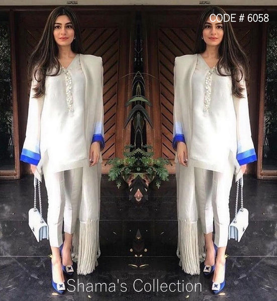 6058 White Straight fit Kameez With Pants And Dupatta