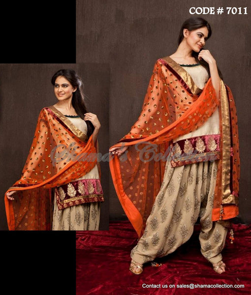 7011 Cream-orange patiala suit