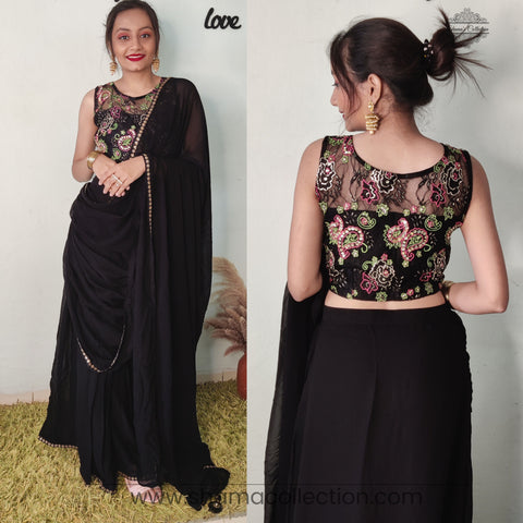 C004 Black, Lace and Neon Ready to wear Saree Set