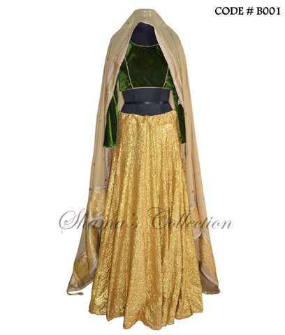 B001 Golden sequin and mehndi lehenga set