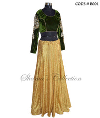 B001 Golden sequin and mehndi lehenga set