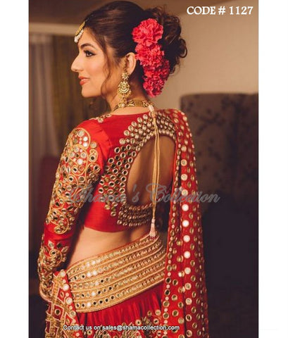 1127 Shubhika Sharma's red bridal mirror work lehenga